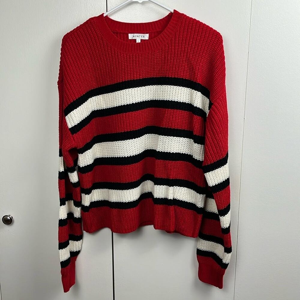 Wynter Womens Sweater Red White Black Striped Crew Neck Long Sleeve Large NWOT